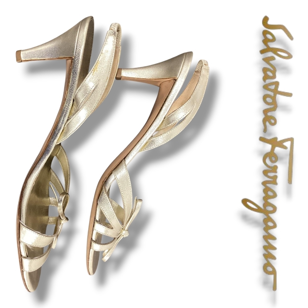 Salvatore FERRAGAMO Gold Kitten Heel Women's Leather Metallic Slingback Sandals - Picture 2 of 11